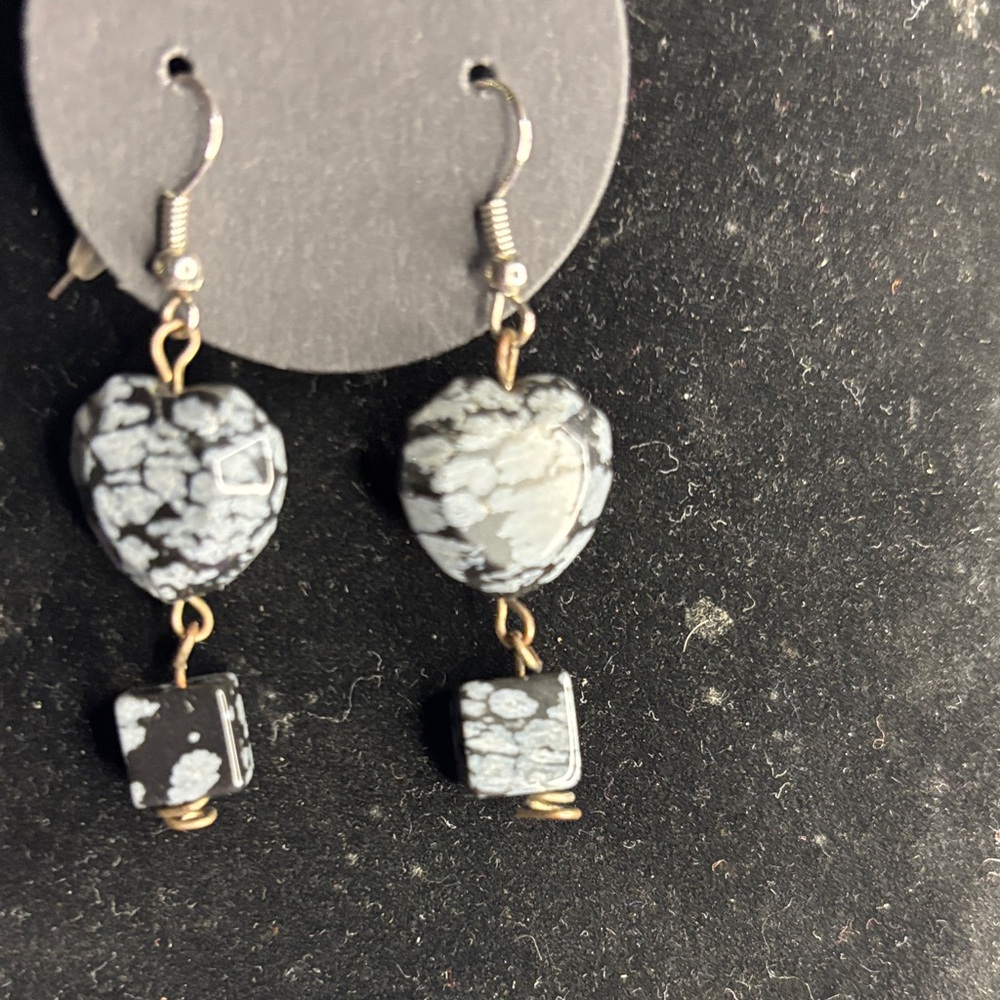 Heart shaped Snowflake Obsidian Dangle Earrings